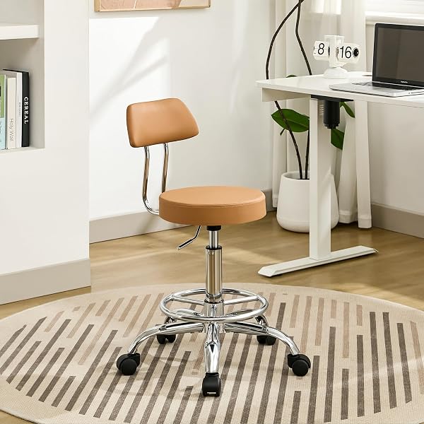FIRAVOE ERGONOMIC DESK STOOL(STURDY ROLLING STOOL WITH BACK)(SWIVEL ARMLESS OFFICE CHAIR 19.5″-26.6″) ADJUSTABLE FOOTREST SALON CHAIR (CAMEL BROWN)