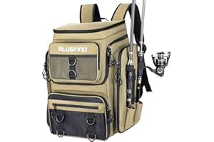 PLUSINNO Fishing Backpack with Rod Holders Tackle Box, 42L Large Water-resistant Fishing Tackle Bag Store Fishing Gear