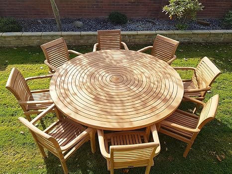 Chelsea Home And Leisure Ltd Teak Garden Furniture Round Table Lazy Susan 8 Stacking Chairs Amazon Co Uk Garden Outdoors