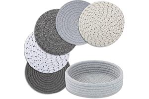 CAZZON Trivets for Hot Dishes, Trivets for Hot Pots and Pans, Hot Pads for Countertops, Coasters 5 Pcs and Storage Basket 1 Pack, Pot Holders for Kitchen, Cotton Hot Mats Cooking Pad Protect Table (Mix G)