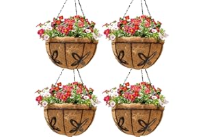 JFFLYIT 12 inch Metal Hanging Baskets For Plants Outdoor 4 Pack Round Metal Wire Hanging Basket Planter with Coco Fiber Liners Chain Round Wire Plant Holder for Garden, Patio, Deck, Porch Plants Flower Potss