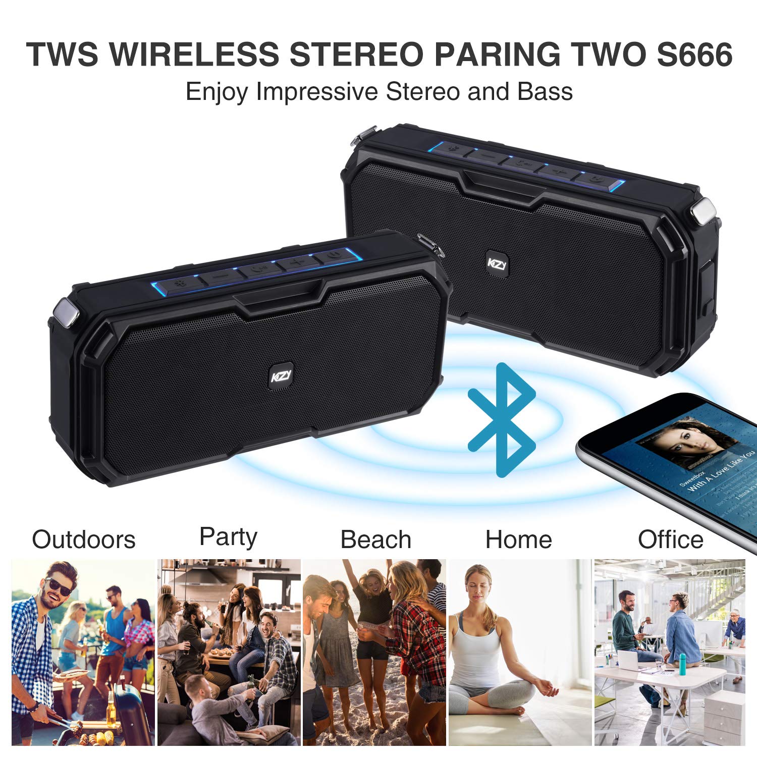 Bluetooth Speakers Portable Wireless, KZY IPX7 Waterproof Bluetooth Speaker, Stereo Sound, Built-in Mic,33ft Bluetooth Range,Perfect for Outdoor, Home, Party, Travel