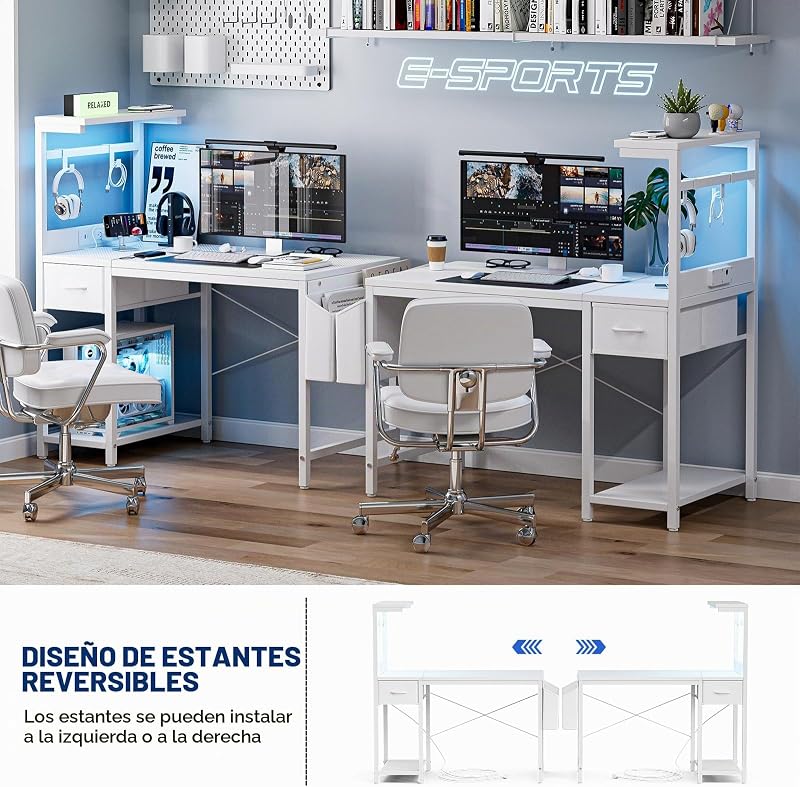 Escritorio Gaming 120x50 cm con Enchufe LED RGB Estantes Abatibles Cajón Organizador para PC Portátil Hogar/Oficina Incluye Bolso Fibra Carbono Negro