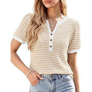 siliteelon Women's V Neck Puff Short Sleeve Waffle Knit Striped Top | Dressy Casual Summer Sweater for Women – Trendy Vacatio
