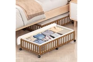 MHXW SXPN Bamboo Under Bed Storage Containers with Wheels, 2 Pack Large Under the Bed Shoe Storage Bins, Wood Rolling Underbed Drawers Organizer for Bedroom Closet Clothes Blanket Under Crib Toy Walunt