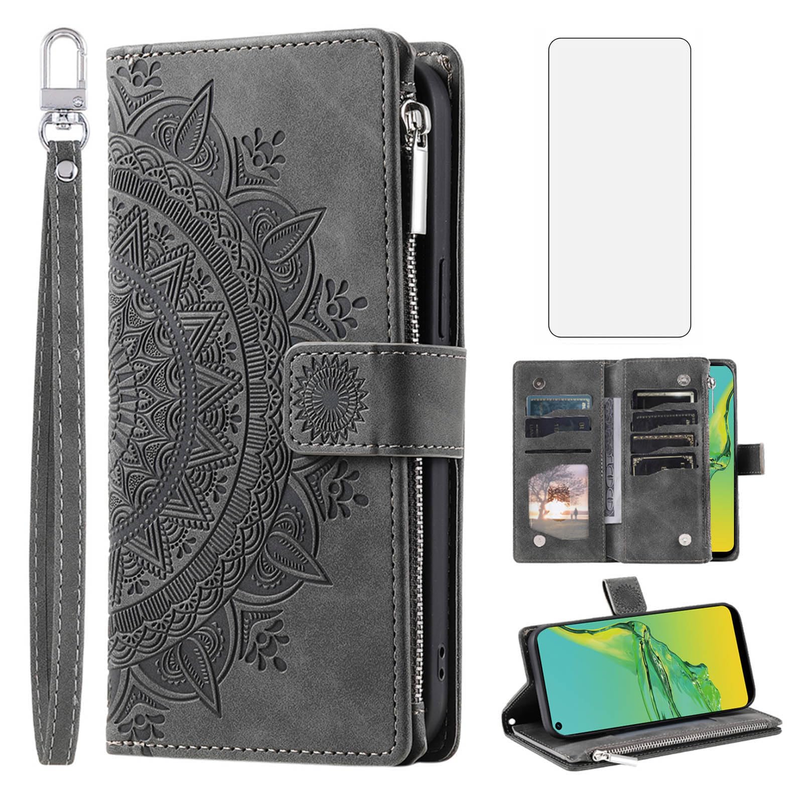 Asuwish Phone Case for OPPO A53/A53S/A33/A32 2020 Wallet Cover With Tempered Glass Screen Protector and Wrist Strap Mandala Flower Leather Flip Zipper Credit Card Holder Stand Cell CPH2127 Women Grey