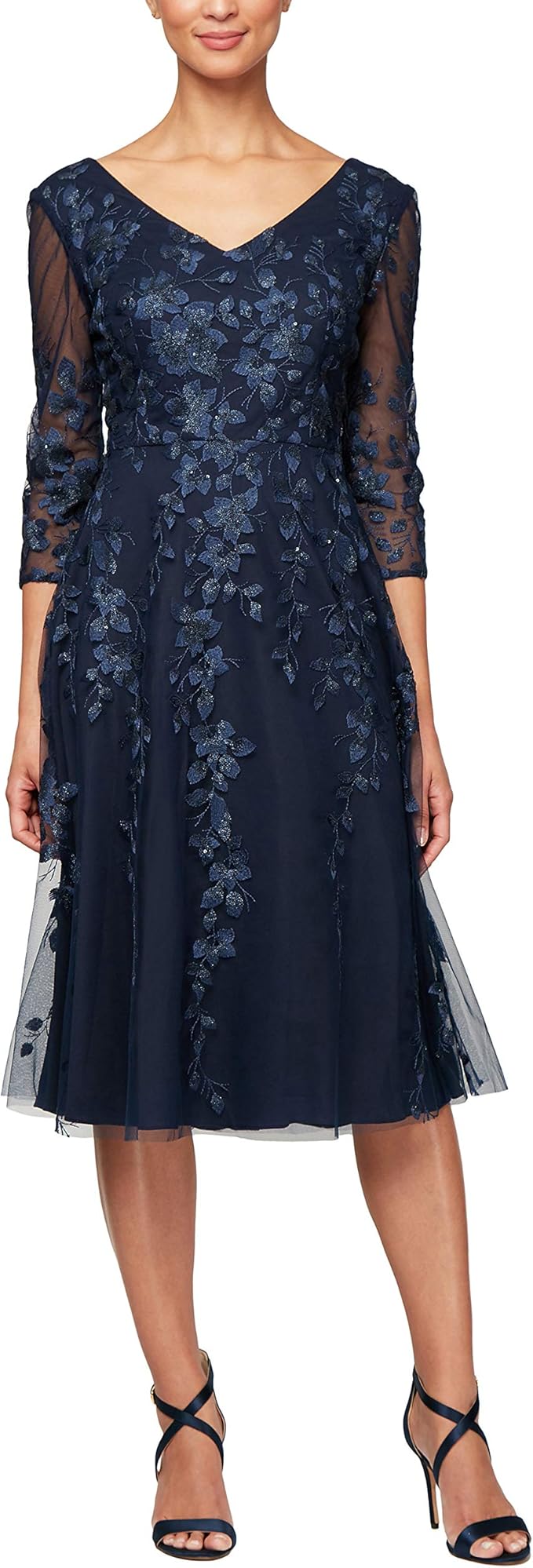 Alex Evenings Women's Tea Length Embroidered Dress with Illusion