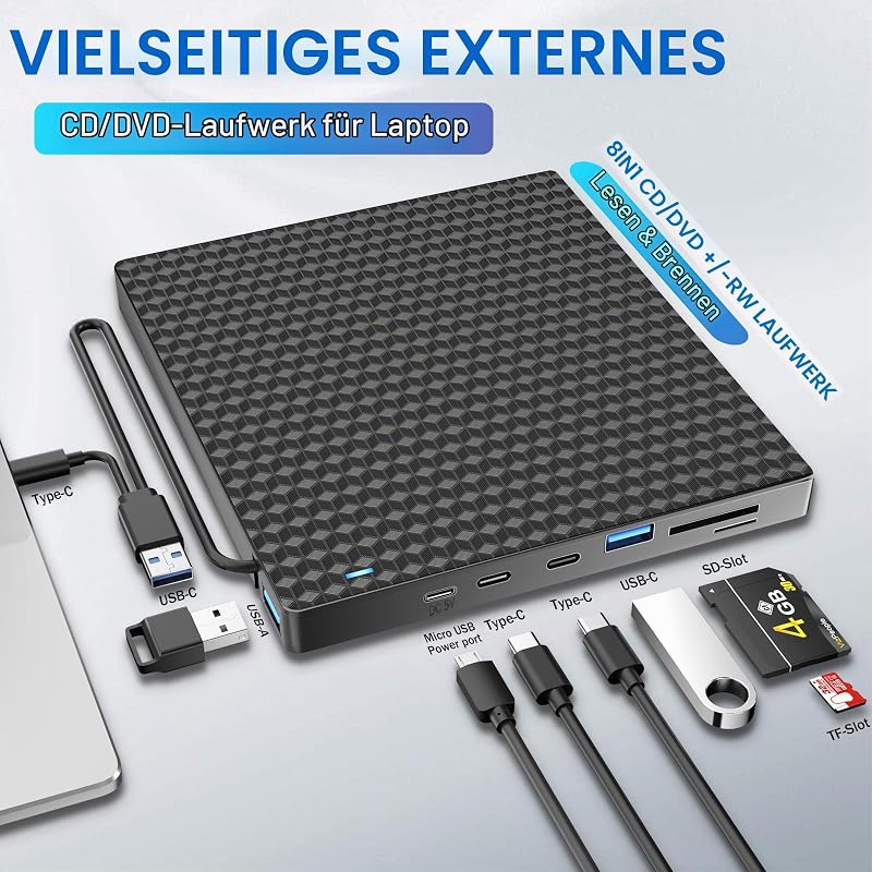 Externes DVD CD Laufwerk Extern, USB 3.0 USB C Externes CD Laufwerk für Laptop Desktop PC Macbook iMac, DVD +/-RW Brenner Optical Drive Externes DVD Laufwerk für Windows 11/10/8/7/XP/Linux/Vista/MacOS