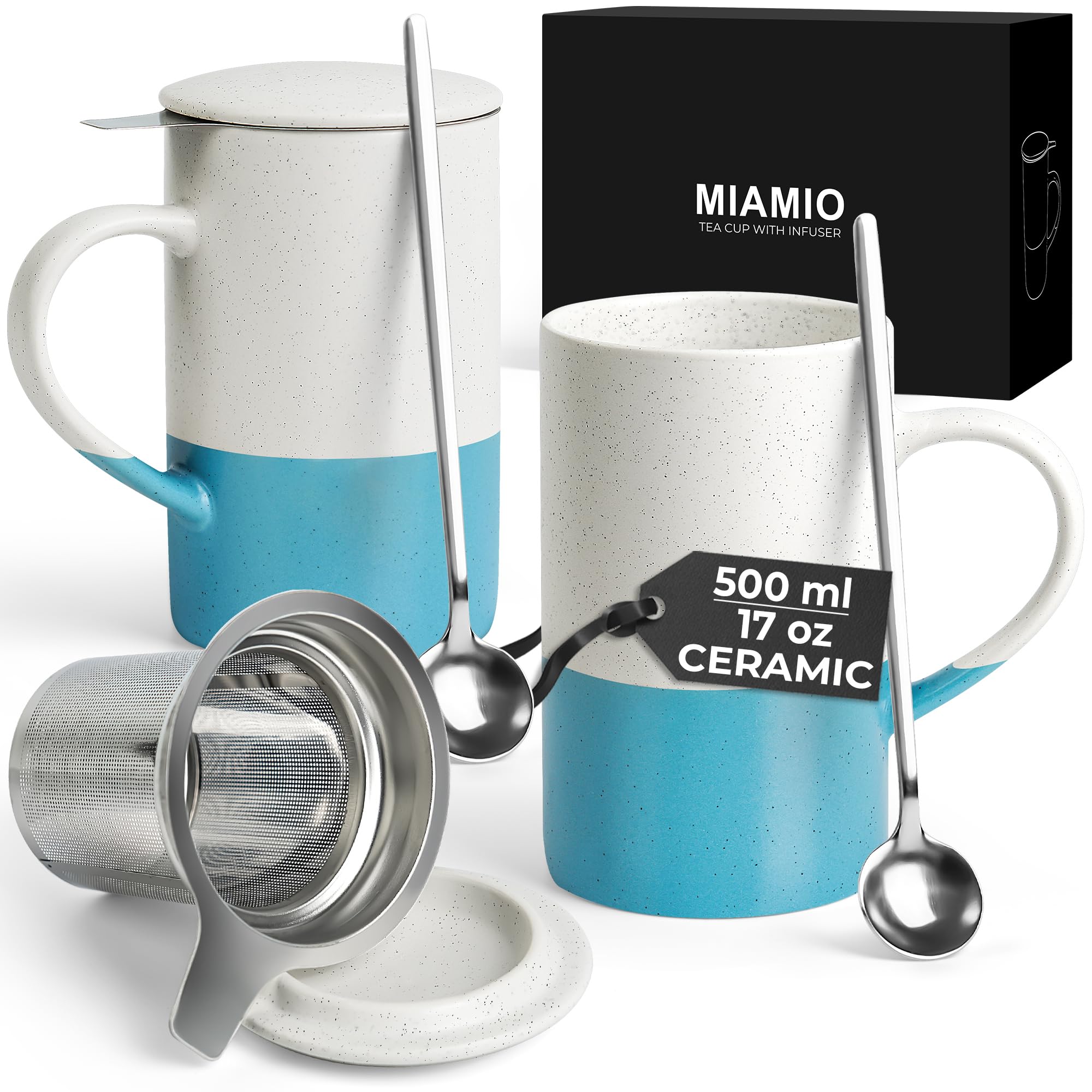 MIAMIO - Tea Cup Set 2 x 500 ml with Infuser and Lid/Ceramic Tea Mug with Infuser and Spoon for Steeping Loose Leaf Tea, Gifts for Tea Lovers - Microwave & Dishwasher Safe (Blue)