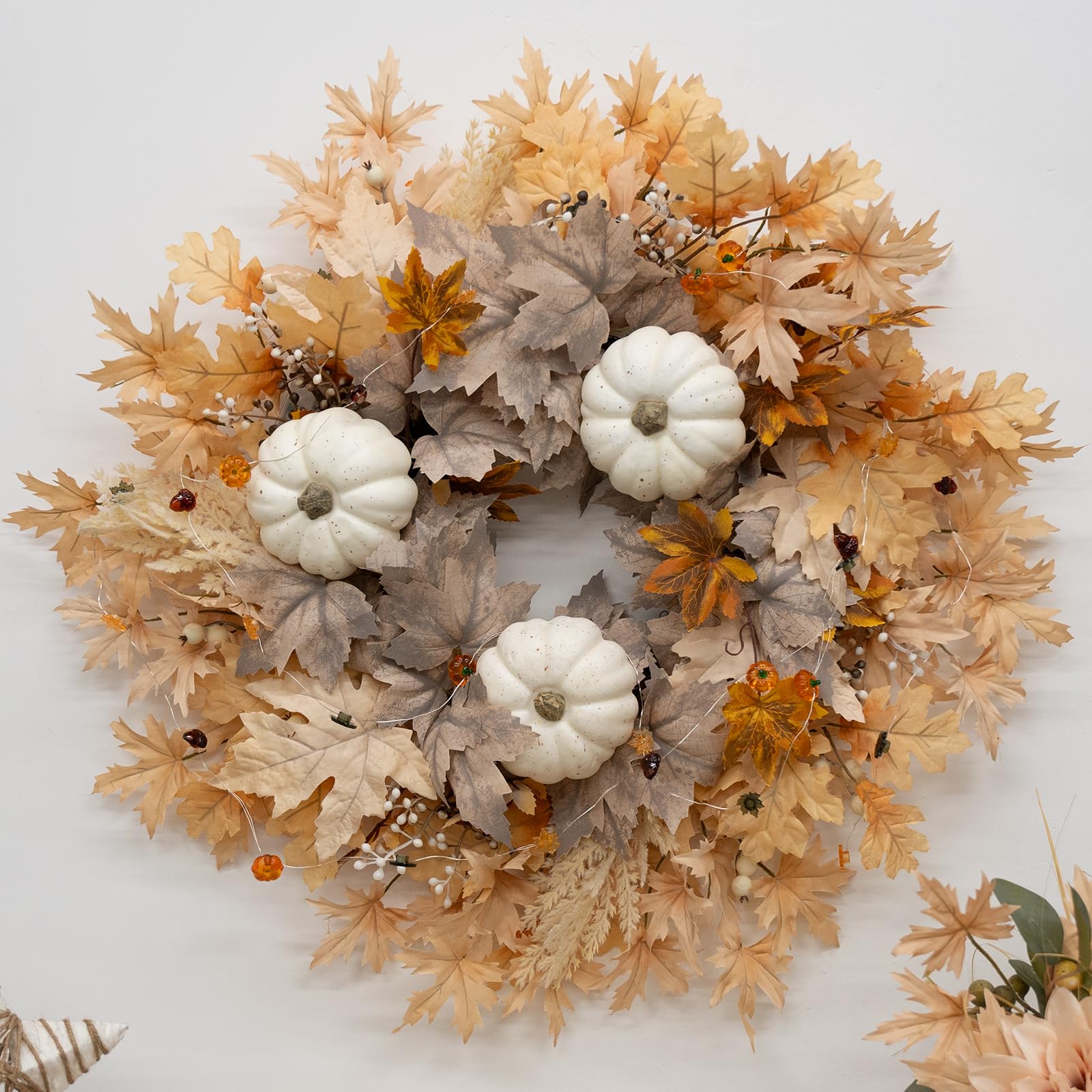 Photo 1 of Fall Wreath for Front Door, 26 Inch Autumn Wreath with Lights, Artificial Pumpkin Maple Leaves Berries Autumn Harvest Fall Wreaths for Home Porch Thanksgiving Halloween Indoor Outdoor Decorations