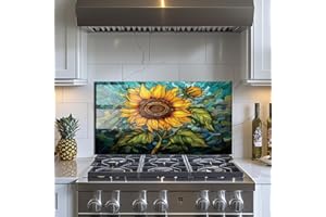 EVGOSM Tempered Glass Backsplash for Kitchen， Stove Splashback, sunflower Glass Backsplash, Easy to Install and Clean, Used for Kitchen Wall Protection and Decoration. (30x16'')