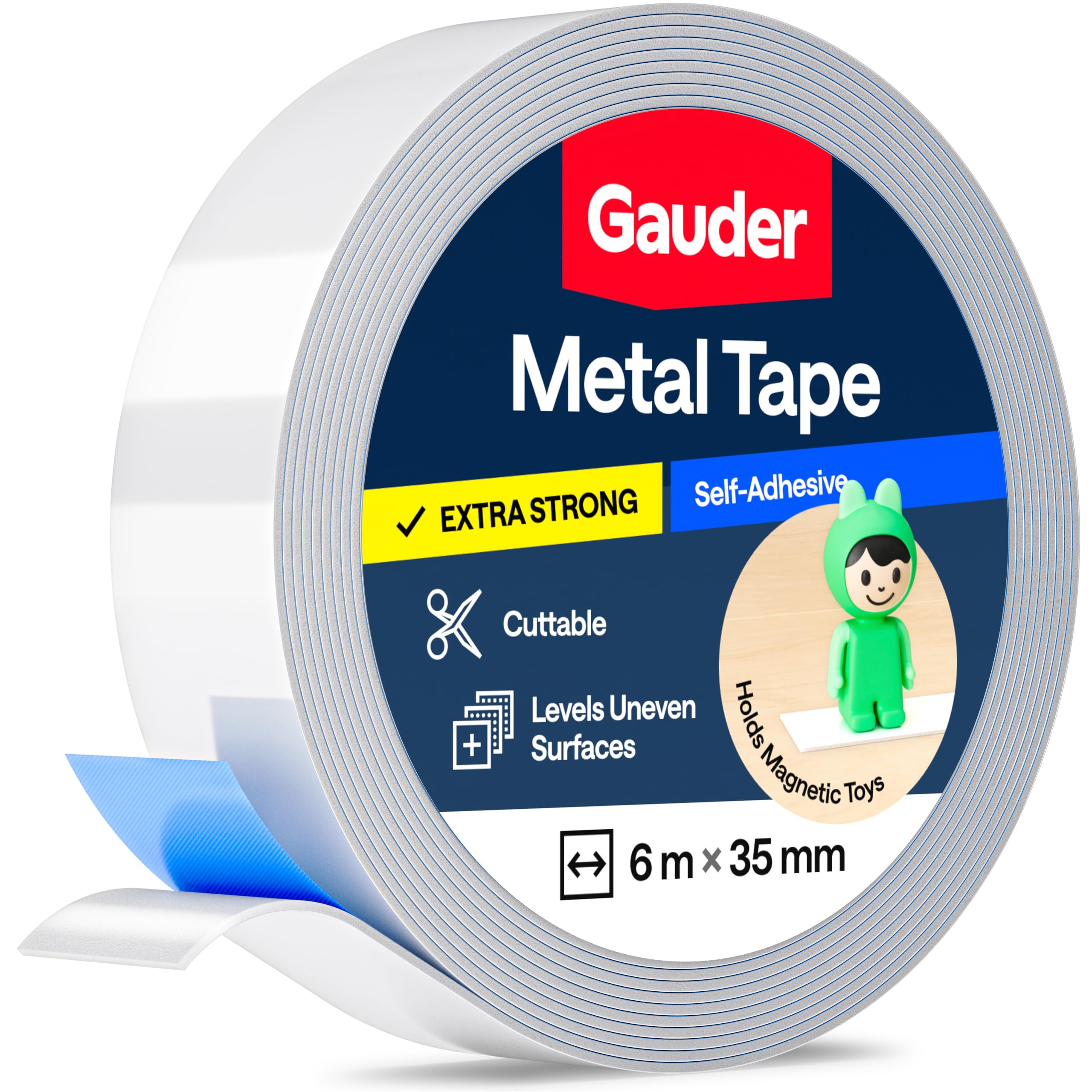 GAUDER Self-Adhesive Metal Tape - Ideal for Tonie® Figures & Shelves - Holding Surface for Magnets - Ferrous Tape with Foam Adhesive - Thin Metal Steel Strip (6 m x 35 mm)