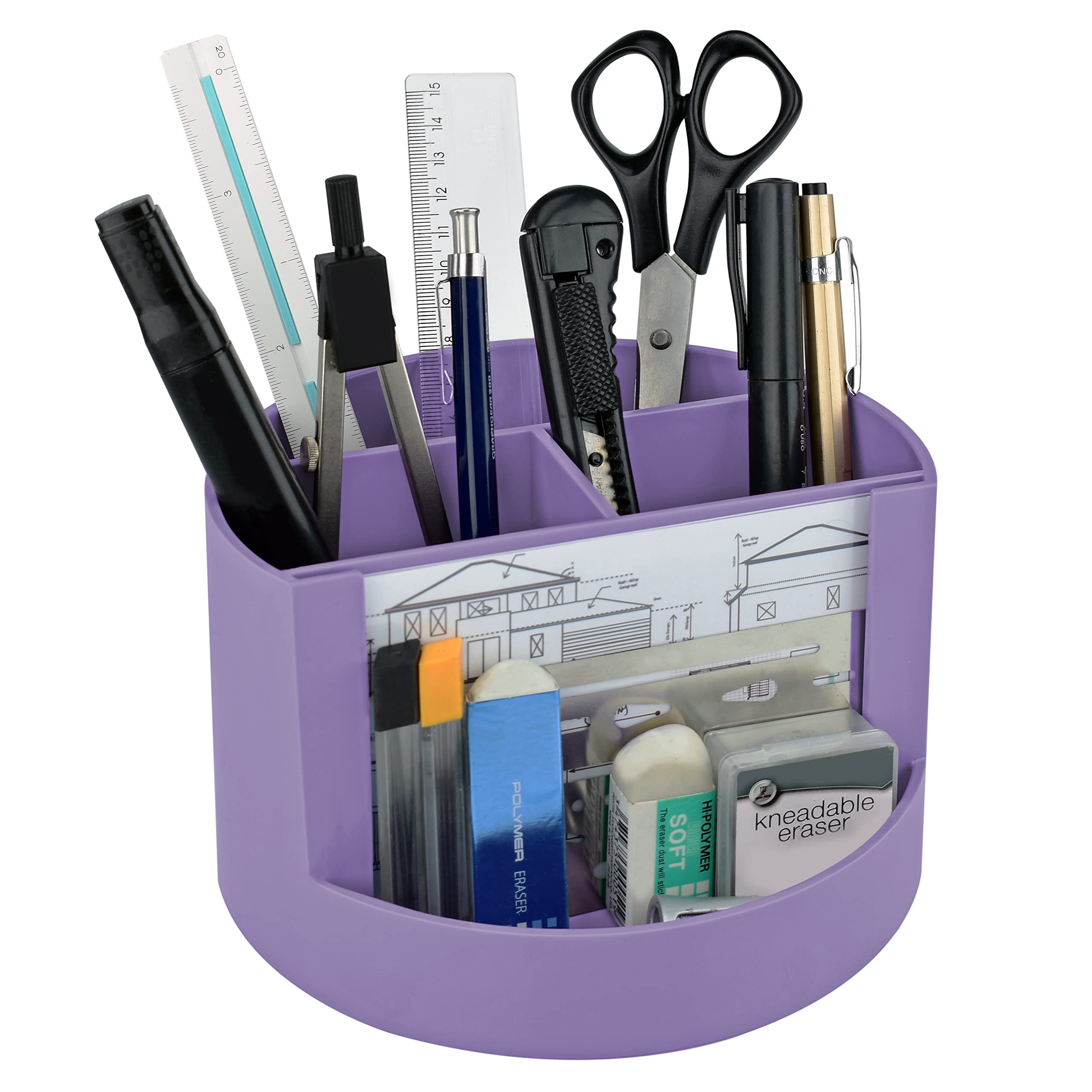 Acrimet Compact Desktop Organizer, 4 Spacious Slots, Round Pencil and Accessories Holder with Photo Slot, Ideal for Office, Art Supplies, Vanity Storage, and Home Organization (Solid Purple Plastic)