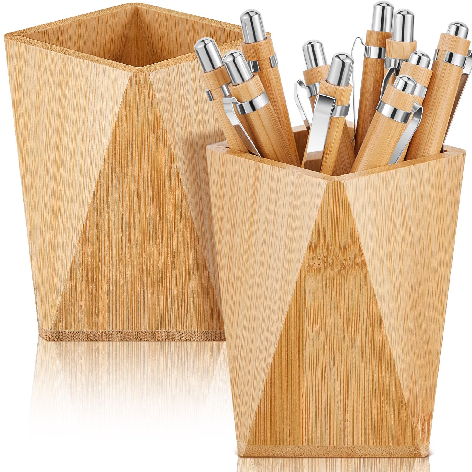 Photo 1 of Henoyso 2 Pcs Wood Pen Pencil Holder Geometric Pencil Cup Stand Makeup Organizer for Pen Holder Desk Home Office Adults(Bamboo)