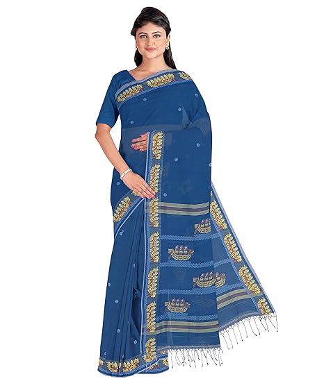 Womens Handwoven Cotton-Silk Saree (BBHS-1213, Indigo Blue)
