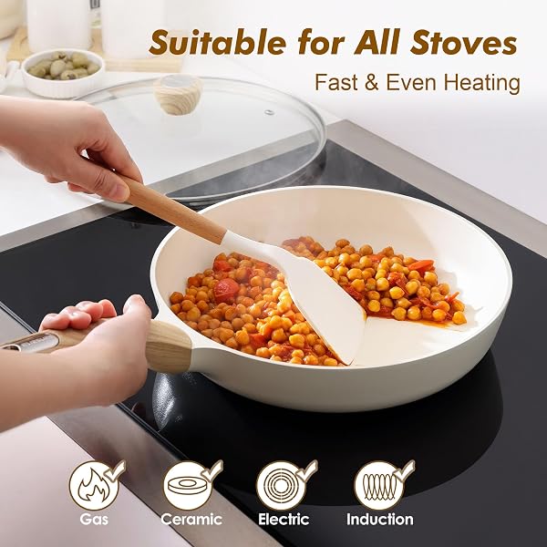 SENSARTE CERAMIC NONSTICK FRYING PAN SKILLET WITH LID, 9.5INCH NON STICK PAN OMELET PANS, NON-TOXIC KITCHEN COOKING CHEF’S PAN, FREE OF INTENTIONALLY ADDED PFAS/PTFE/PFOA, INDUCTION COMPATIBLE, WHITE
