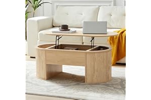 QHITTY Fluted Coffee Table with Lifting Top, Oval Wood Lift Top Coffee Table with Hidden Compartment, Mid Century Pull up Center Tables for Living Room, Office - Natural