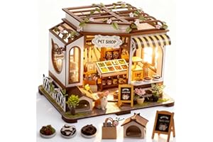 Vaki Vaki [2025 New] Pet Shop Miniature House Kit with LED Light, Book Nook Kit with Cover for Birthday, 3D Wooden Bookends Puzzle Bookshelf Decor Building Kit Birthday Gifts for Family, Friends