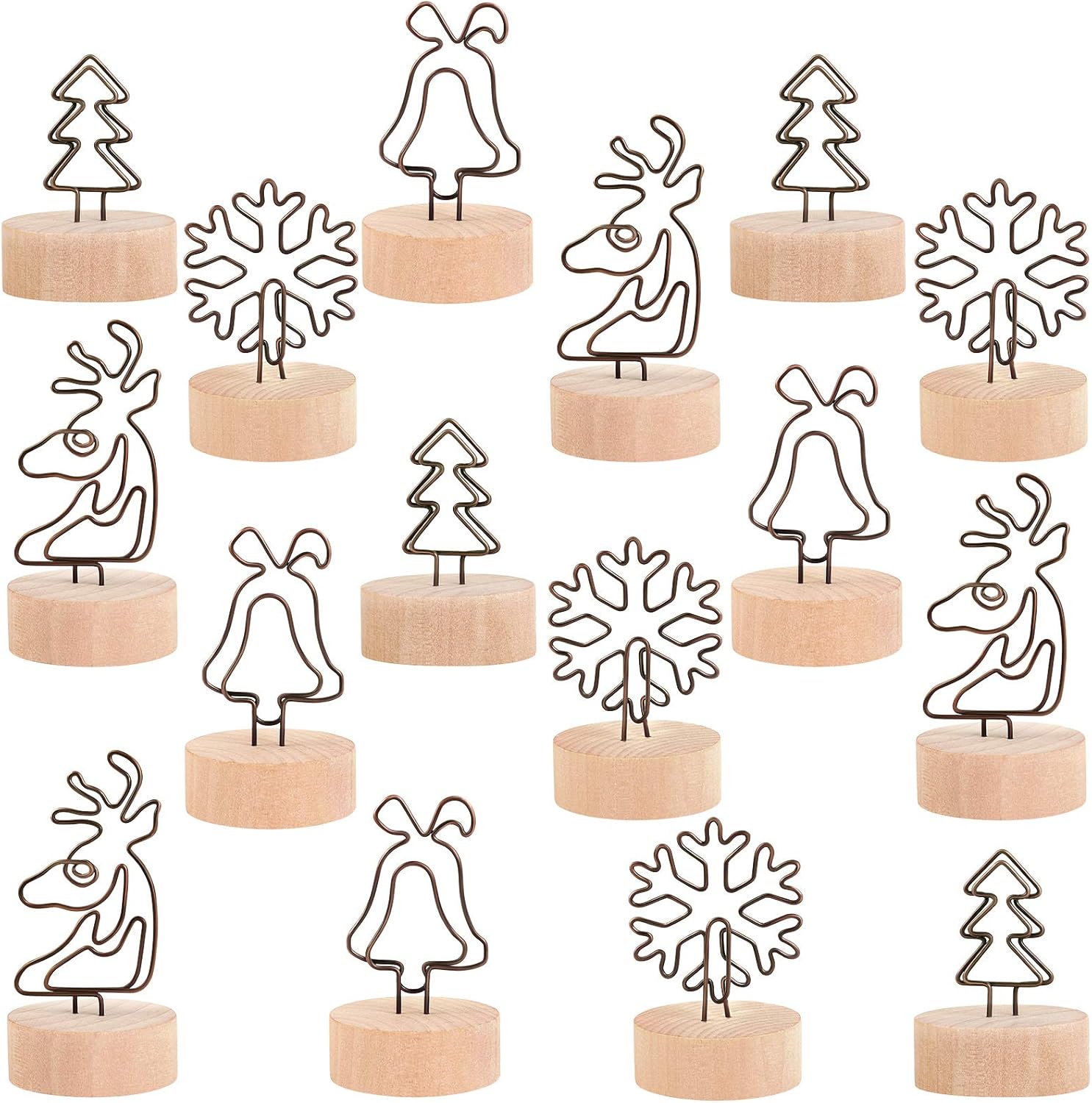 ADXCO 16 Pack Christmas Party Decoration Card Holders Wooden Base Card Holders Rustic Iron Wire Picture Picks Clip Holder 4 Shapes Picture Memo Note Photo Clip for Christmas Table Decorations: Home & Kitchen