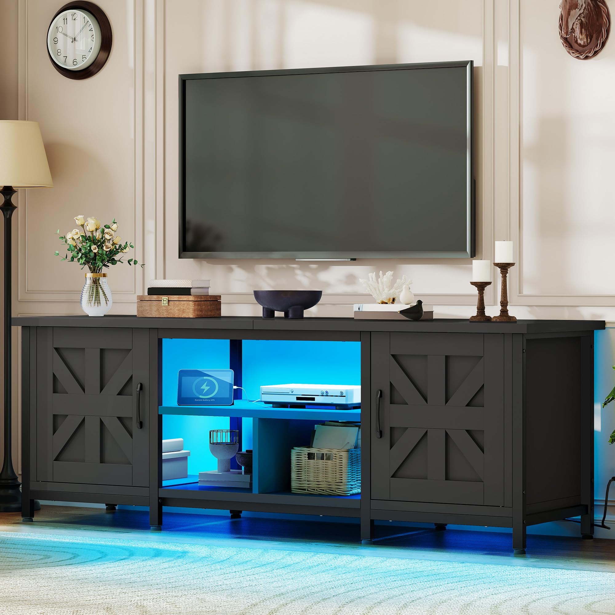 Photo 1 of **MINOR DAMAGE TO CORNERS FROM TRANSPORT **YITAHOME TV Stand with LED Lights & Charging Station, Farmhouse Entertainment Center with Storage Cabinets & Shelves, Cross-Pattern Doors, Fits TVs up to 70'', TV Consoles for Living Room, Black