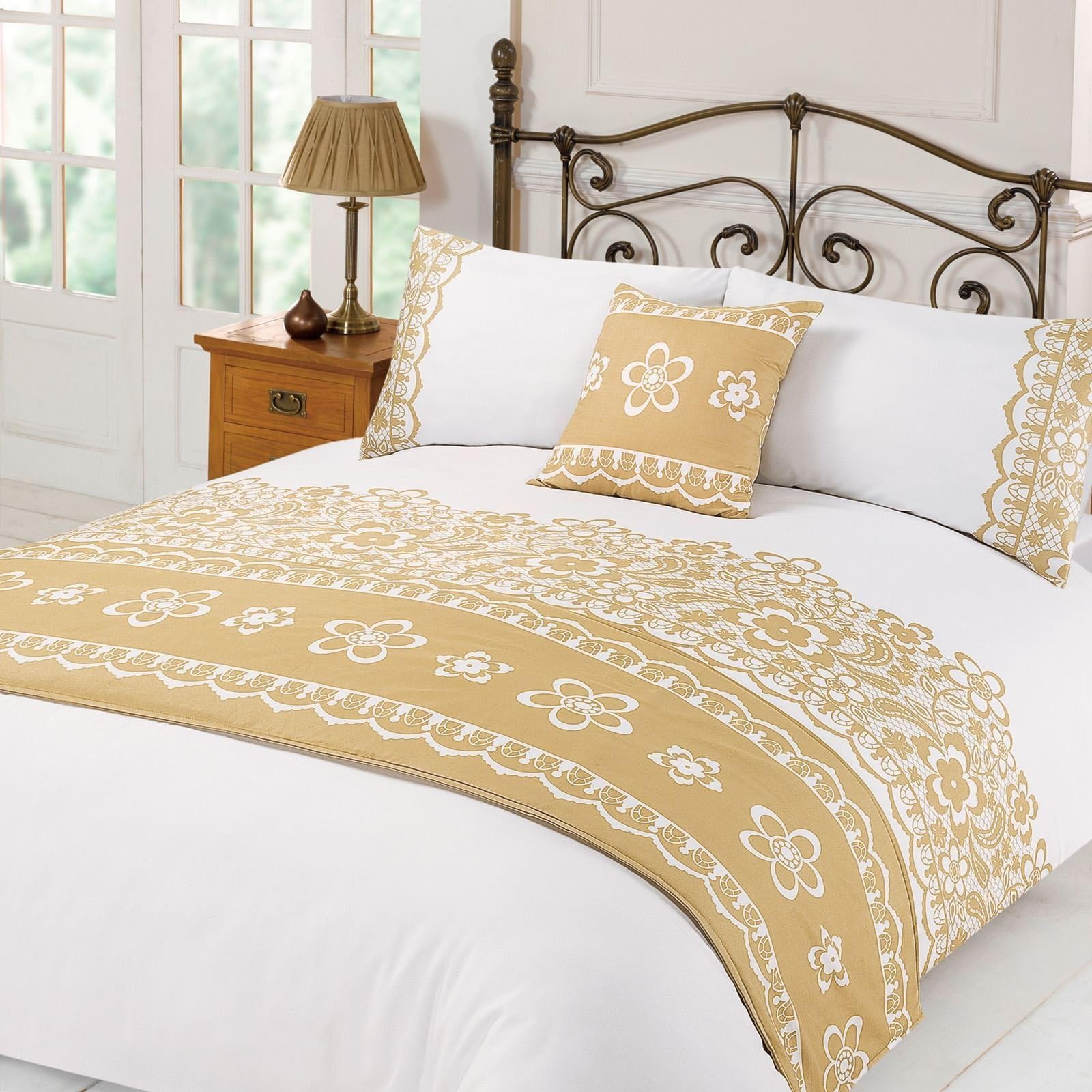 Textile Warehouse Hannah Bed in a Bag Duvet Pillowcases Runner Bedding Set Lace Gold White Single
