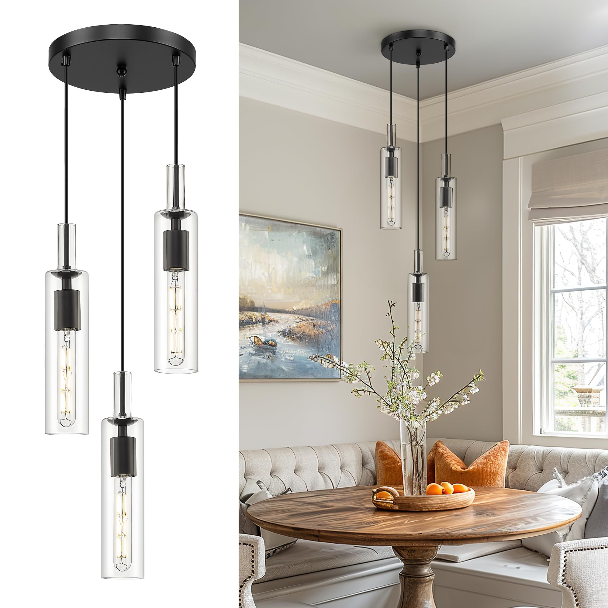 Photo 1 of AUTELO 3-Light Black Pendant Lights, Industrial Pendant Lights Kitchen Island in Black Metal Finish with Clear Glass, Glass Hanging Lamp, Black Pendant Light Fixtures for Dining Room, H3875-3 BK