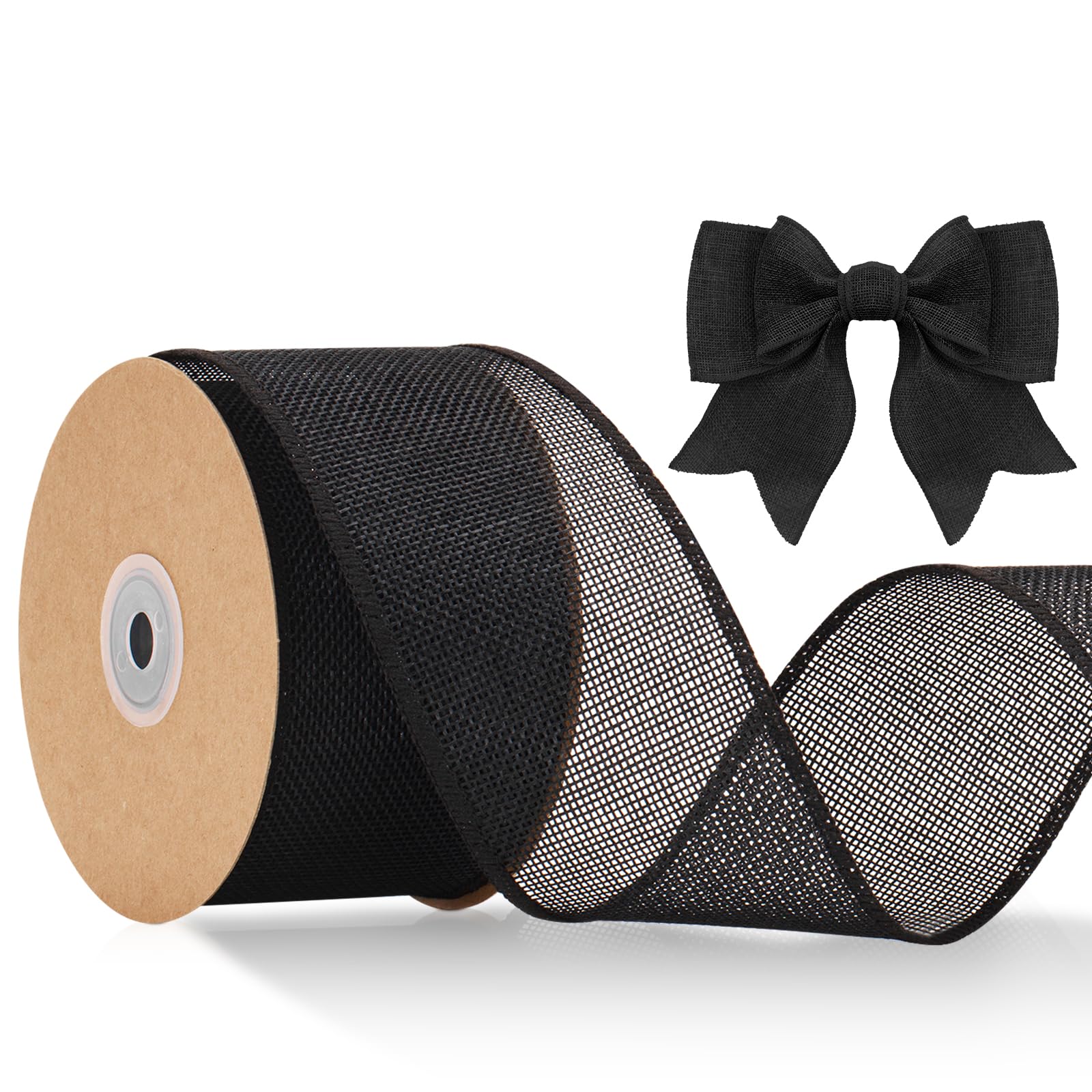 KINGLAKE 6.4cm Wired Burlap Ribbon, 10m Black for Wreath Bows Making, Jute Hessian Wide Christmas for Crafting, Gift Wrapping, Xmas, Wedding Decoration, Halloween