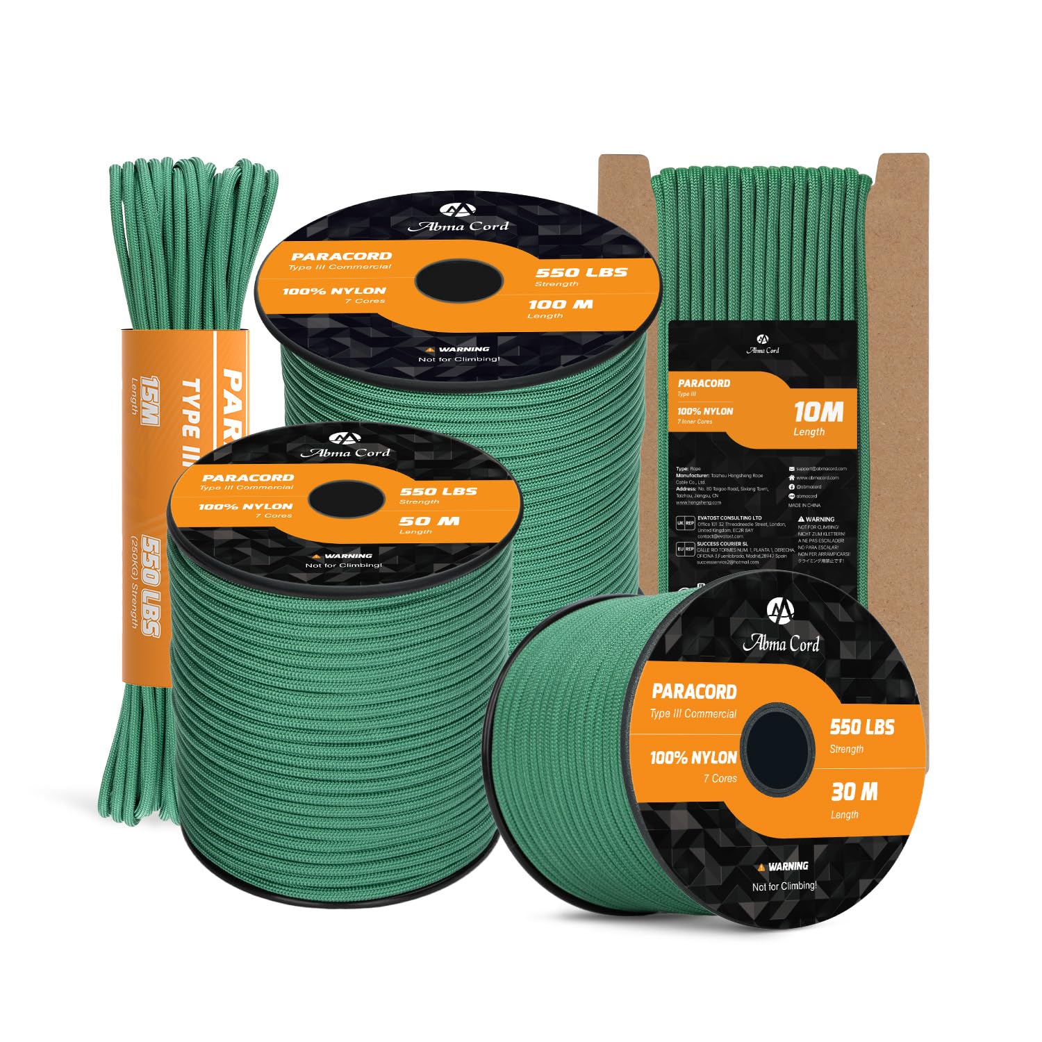 Abma Cord Paracord 550 4mm 15m 100% Nylon Rope Type III 7 Strands Parachute Cord for DIY, Camping, Survival, Outdoor - Max. 250kg - Kelly Green