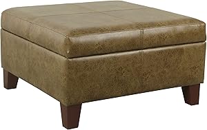 HomePop Faux Leather Square Storage Ottoman Coffee Table with Wood Legs, Brown