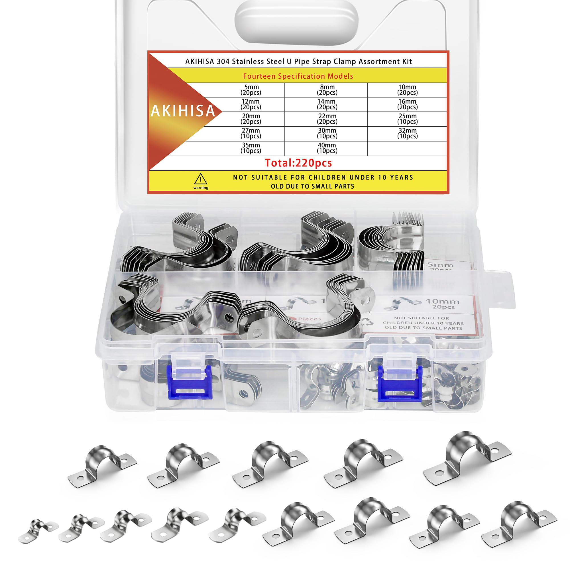 Photo 1 of **open box return**AKIHISA 220Pcs 14 Sizes Pipe Strap Clamp Assortment Kit, M5-M40 2 Holes U Tube Strap 304 Stainless Steel Clamps Set, Cable Clamp U Bracket Tube Strap Tension Clips for Pipe Tube Fixing