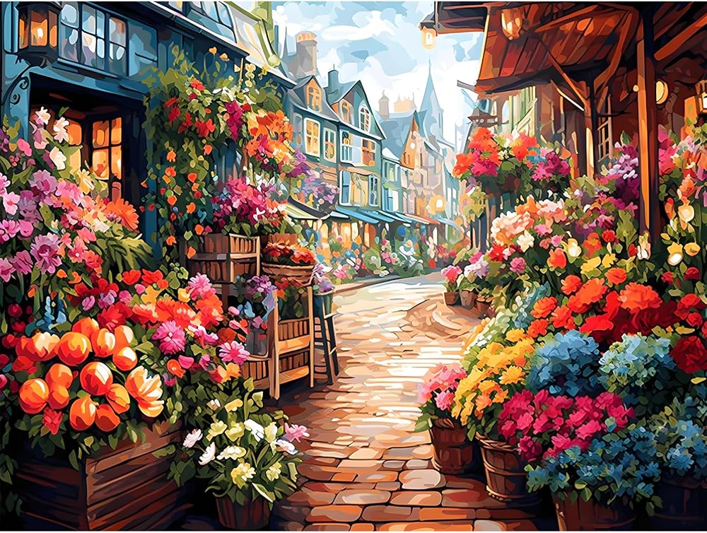Flowers Diamond Painting, 5D Flower Shop Diamond Art Kits for Adults Beginners, DIY Flowers Full Round Dots Drill Gem Art Kit