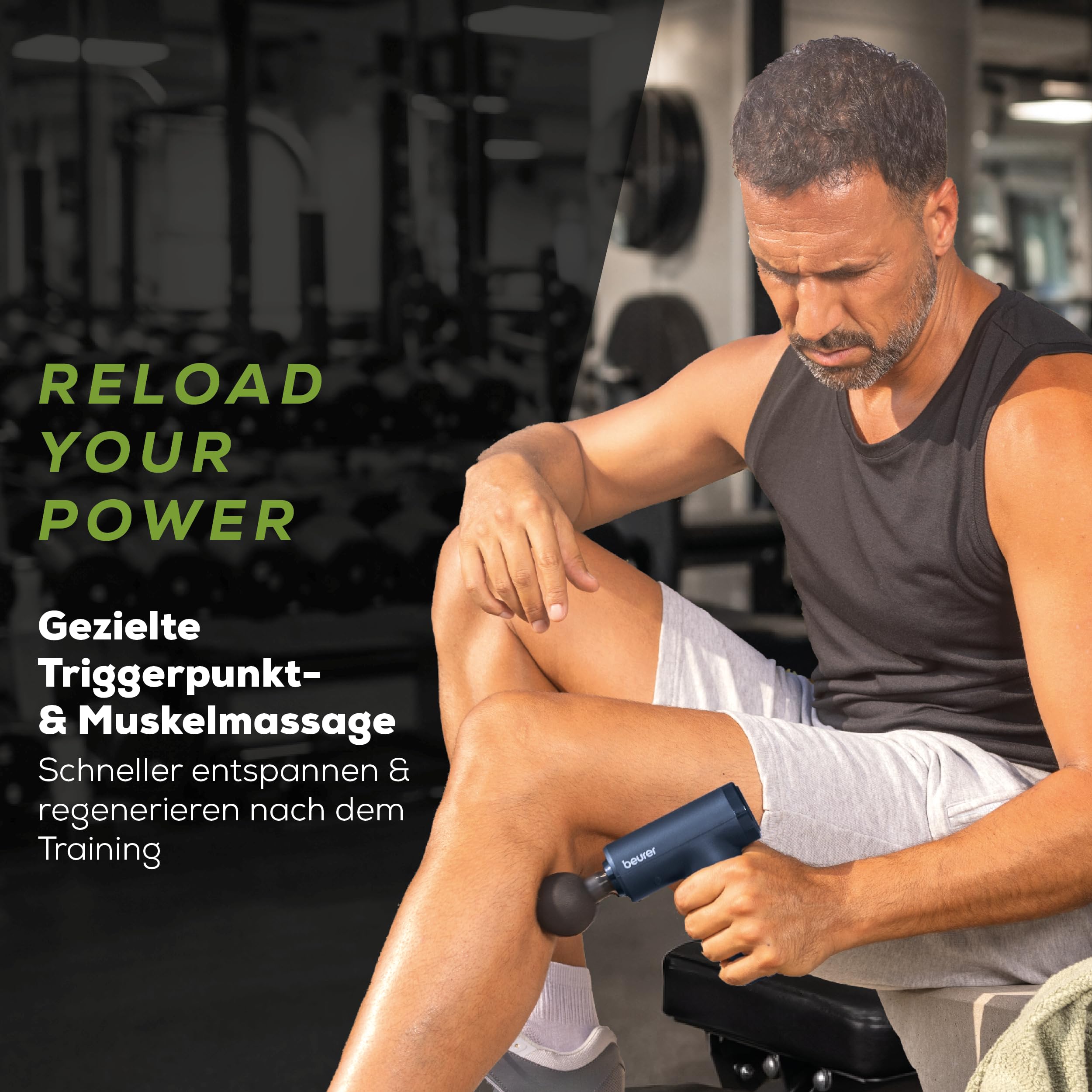 Beurer PowerReload Massagepistole, professionelle Triggerpunktmassage für Entspannung & Regeneration, kraftvolles Muskelmassagerät mit 5 Aufsätzen, 5 Intensitätsstufen, extrem leise & Akku bis zu 4h 2