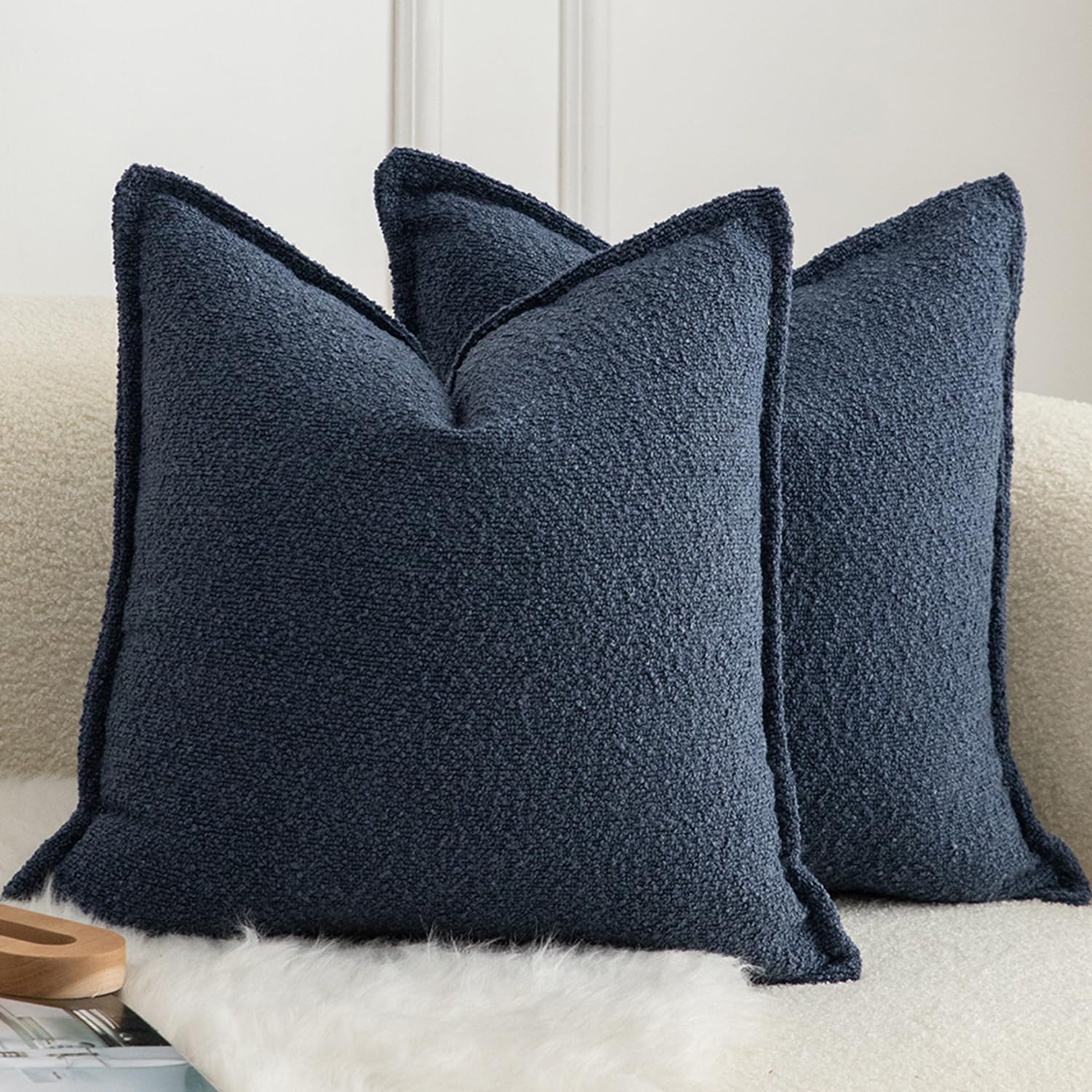 Mandioo Pack of 2 Cushion Covers 50cm x 50cm Decorative Accent Solid Woven Textured Throw Pillow Covers cases Bedroom Living Room Couch Sofa Home 20 x 20 Inch Blue