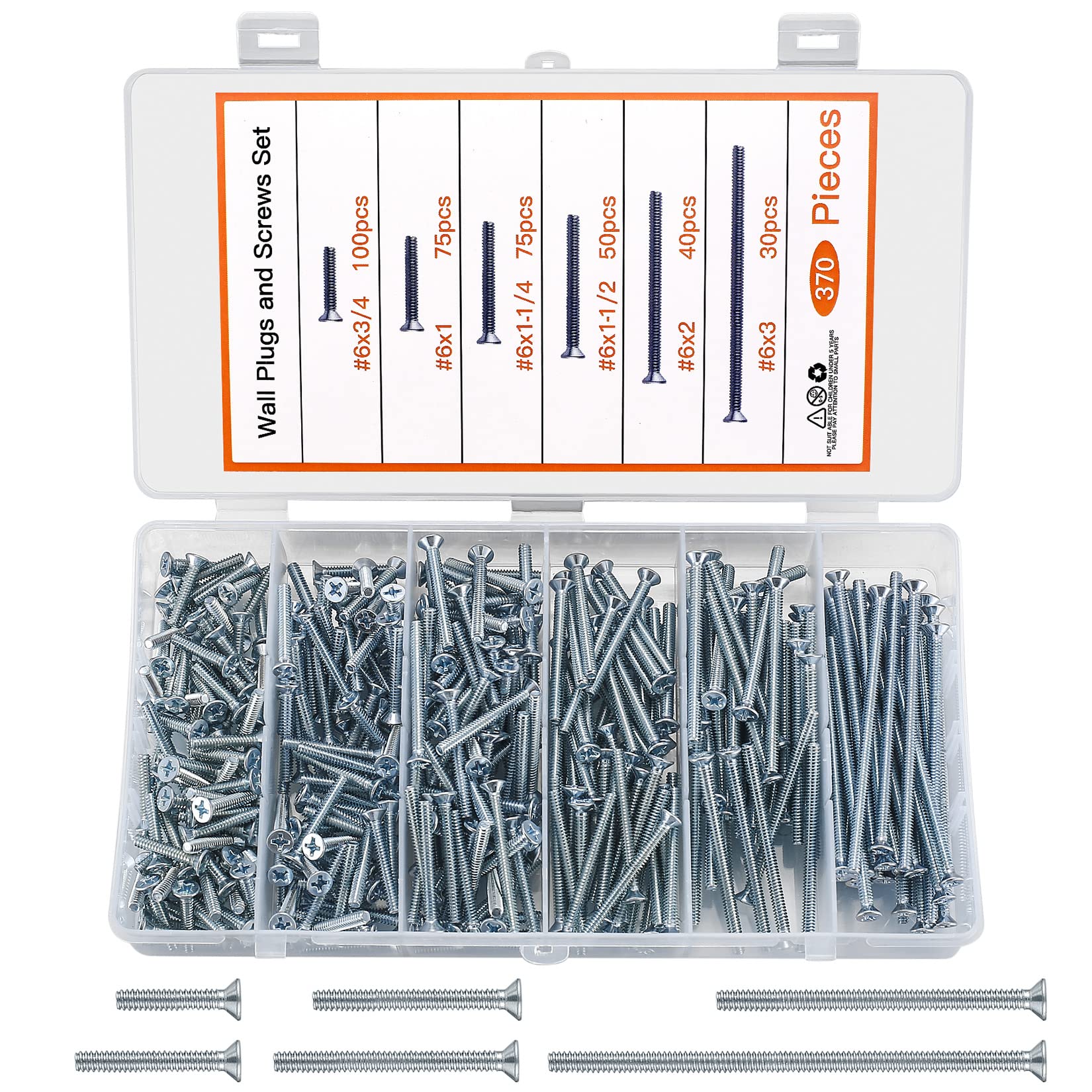 370 Pcs Flat Head Phillips Head Machine Screws Kit, Electrician's Hex Socket Screws, Countersunk Head Screws ssortment Set