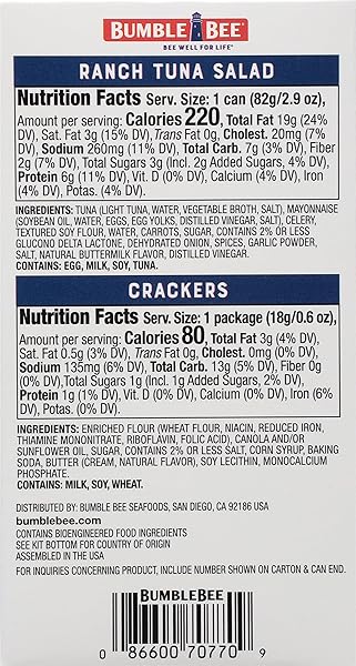 BUMBLE BEE SNACK ON THE RUN RANCH TUNA SALAD WITH CRACKERS KIT, READY TO EAT SPOON INCLUDED WILD CAUGHT TUNA SHELF STABLE & CONVENIENT PROTEIN SNACK- 3.5 OZ