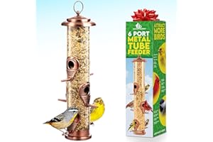 GRAY BUNNY Bird Feeder for Outdoors (Brushed Metal Copper) Hanging Bird Feeders with Locking Lid & Adjustable Hanger, Chew-Proof, Weather Resistant (15 Inches, 6 Port)