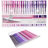 Pink & Purple Gel Pen Set with Extra Refills - 24 Variety Color Pack for Kids & Adult Coloring with Glitter, Classic and Meta