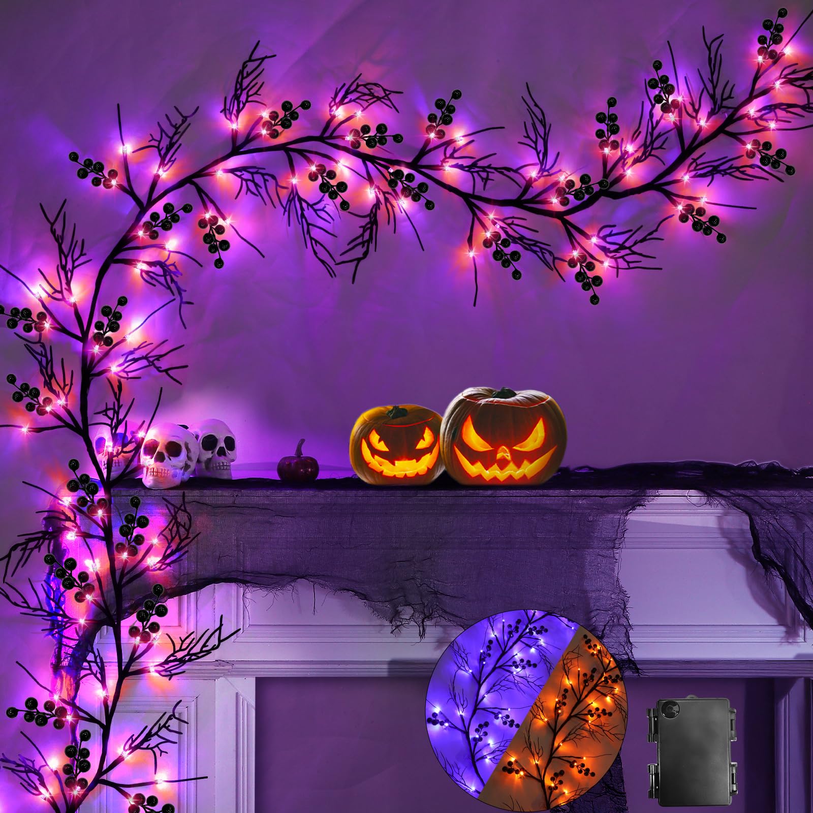 Photo 1 of 3 Color Changing Lights -6 Ft 54LED Halloween Willow Vine Twig Decor Branches Garland Decorations Orange,Purple and Orange & Purple Lights -Battery Operated for Indoor Wall Fireplace Halloween Decor