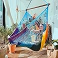 Upgraded Caribbean Hammock Chair with Detachable Metal Bar, Large Hammock Swing Chair, XL Rope Hanging Chair for Outdoor Indoor, 330 LBS Weight Capacity, HawaiiRainbow