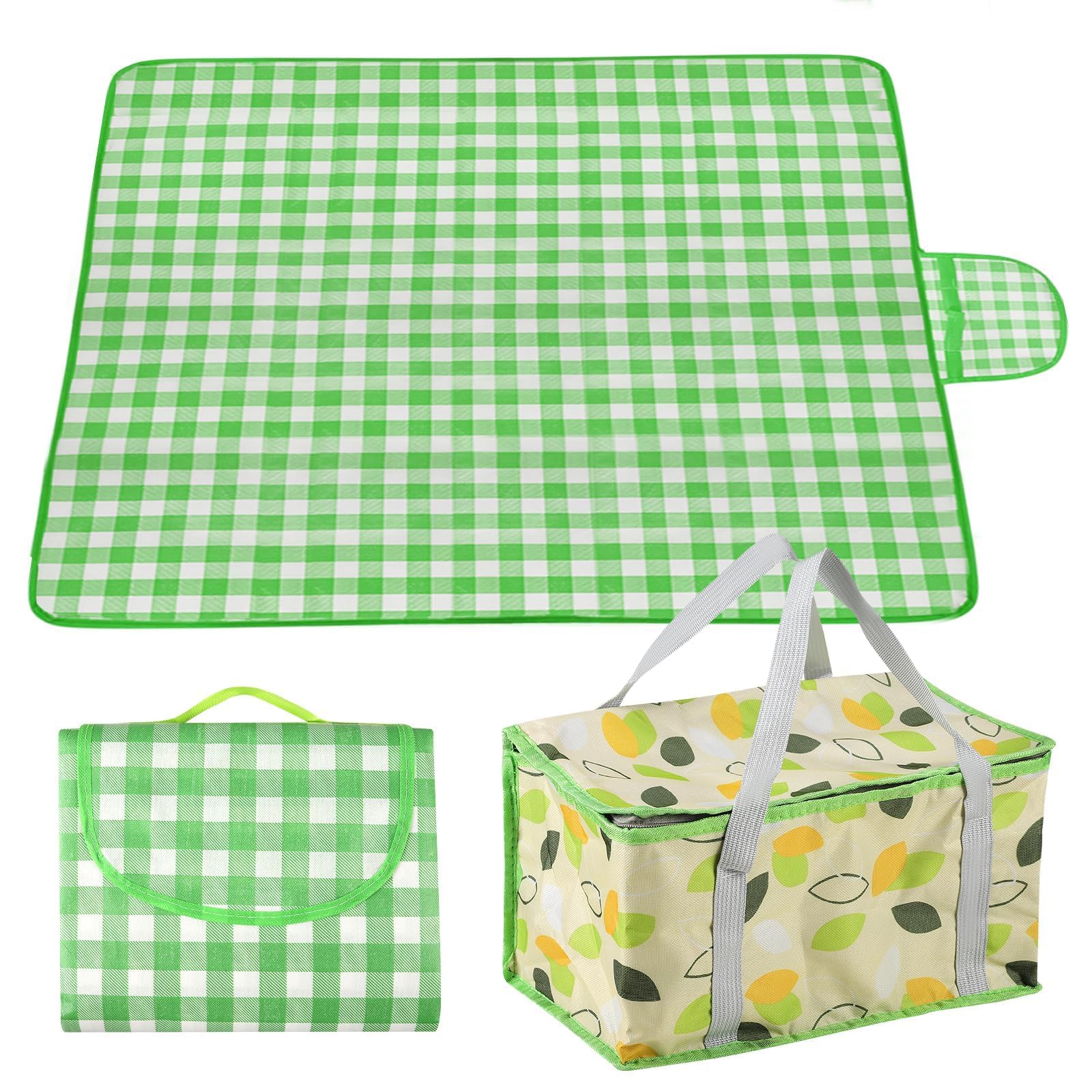 UrbanHomes Picnic Blanket, Cool Bag, Cooler Backpack, Waterproof Beach Mat, Travel Blanket for Family, 200x200cm, Green