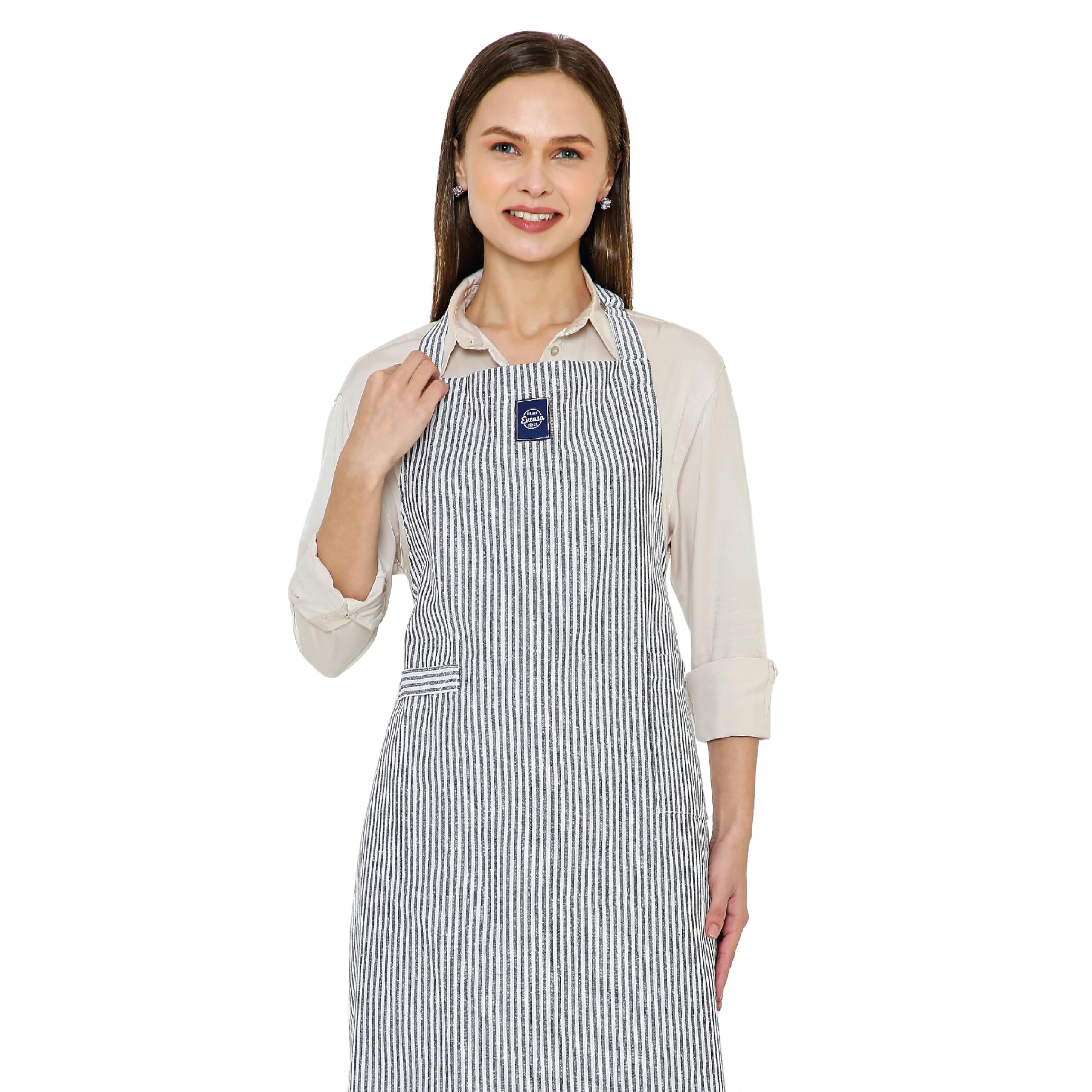 Encasa XO Adjustable Kitchen Cotton Apron With Pockets & Towel Holder Of Size 68x85 cm (Ticking Navy Blue) for Men & Women Chefs For Cooking & Baking in Home, Restaurants & Barbeque