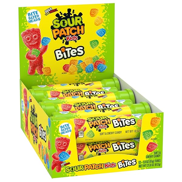 SOUR PATCH KIDS BITES SOFT & CHEWY GUMMY CANDY, BULK CANDY, 12-1.8 OZ TUBES