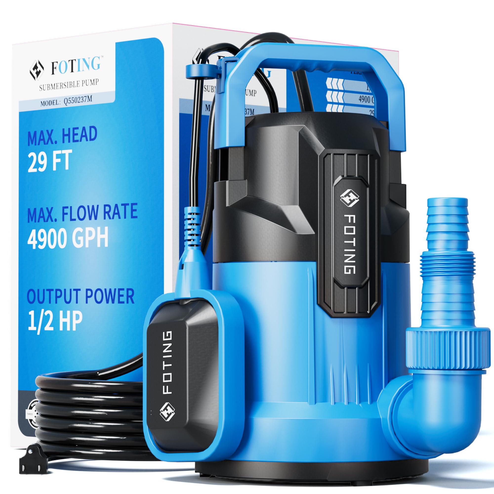 Photo 1 of *UNTESTED*
FOTING Sump Pump, 1/2HP 4900GPH High Flow Clean&Dirty Submersible Water Pump, Thermoplastic Electric Portable Utility Pump for Pool Draining Hot Tub Garden Basement
