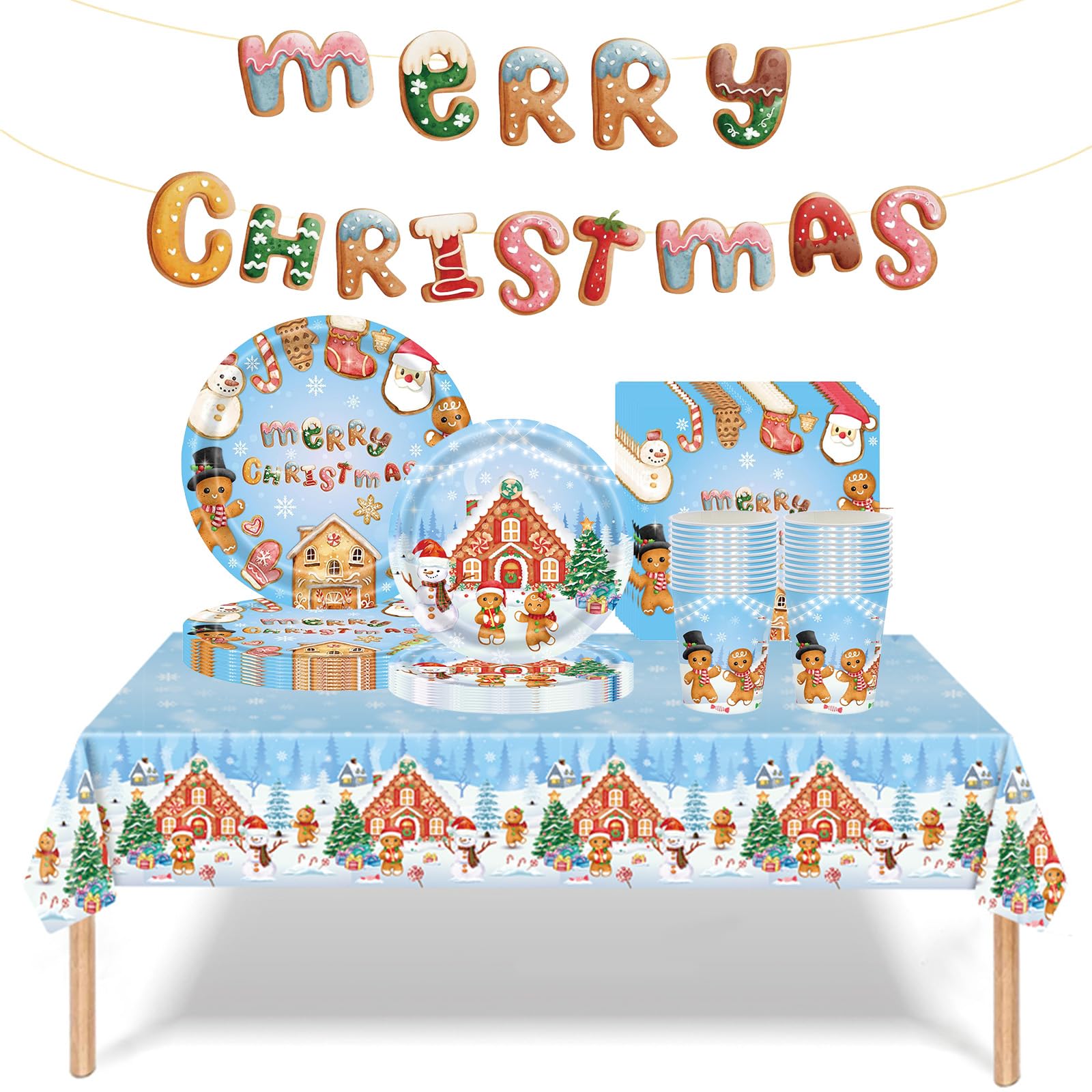 70PCS Gingerbread Man Christmas Tableware Set - Disposable Plates, Napkins, Cups, Tablecloth & Merry Christmas Banner - Xmas Party Table Decorations
