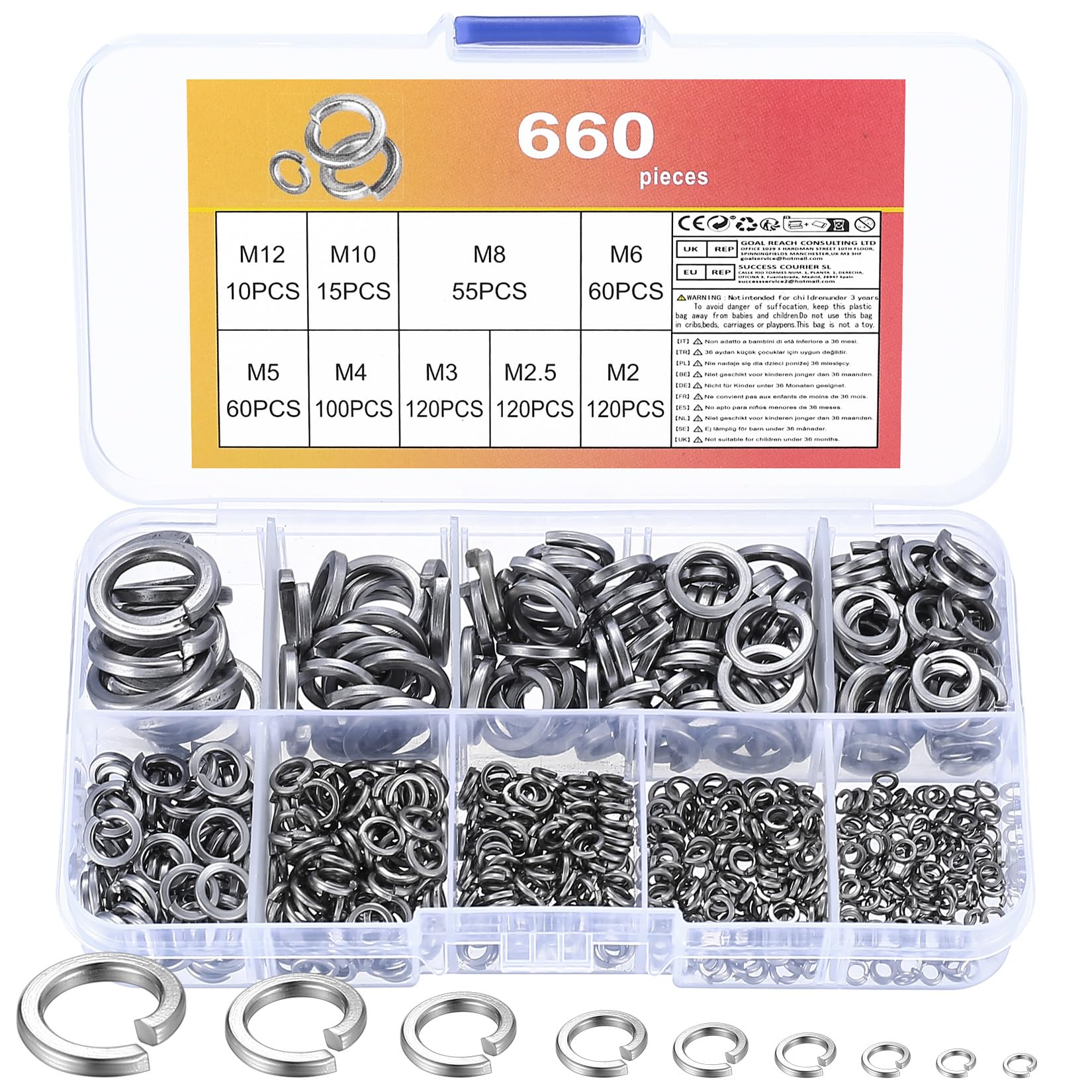 AIOUHMYM 660 Pcs Stainless Steel Spring Lock Washers, Split Lock Spring Washer Assortment Kit, DIN 127 Form B Metal Washers, M2-M12