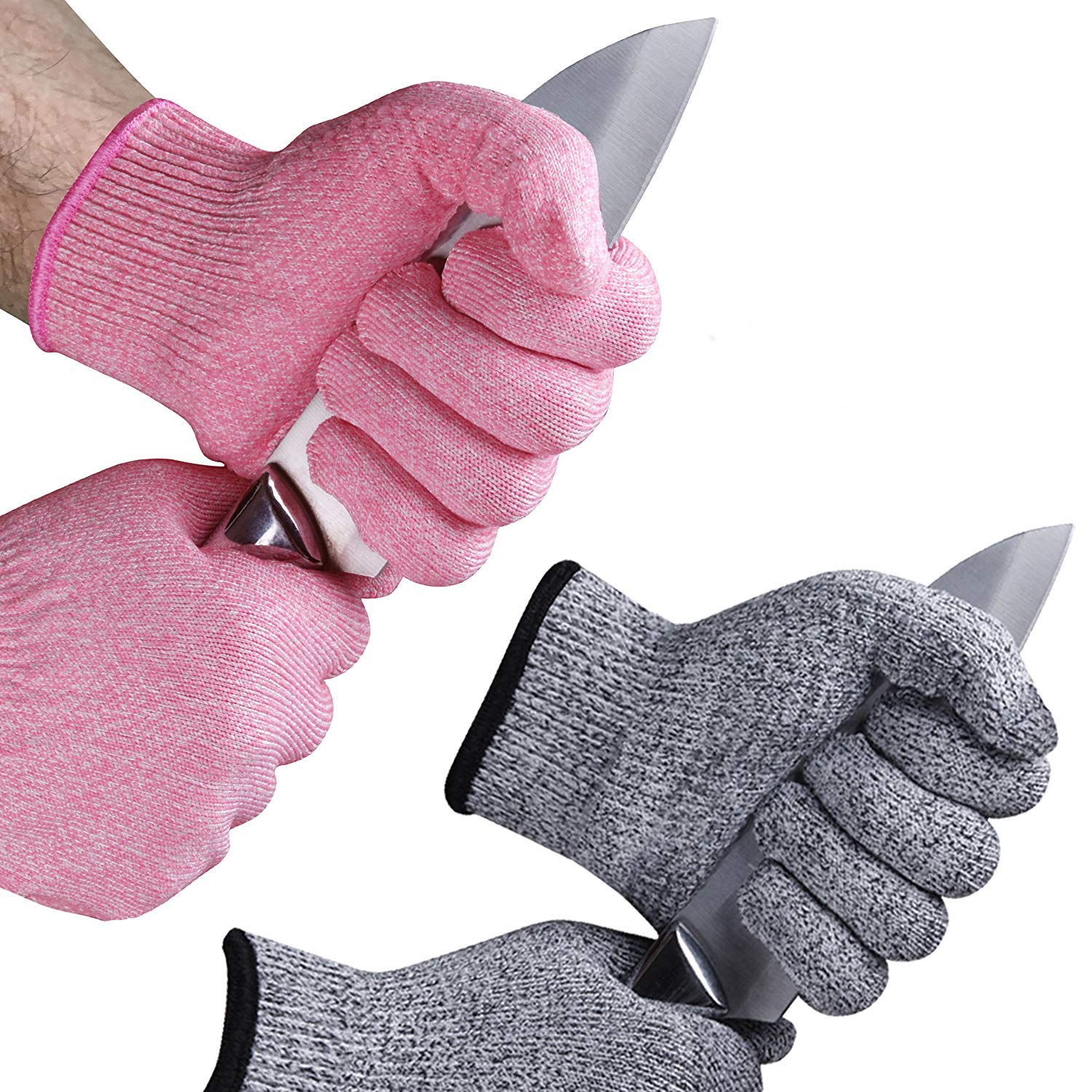 2 Pairs EVRIDWEAR Cut Resistant Gloves With Silicone Grip Dots, Food Grade Level 5 Safety Protection Kitchen Cuts Gloves For Meat cutting, Fish Fillet Processing and Mandolin Slicing (Pink + Gray) S