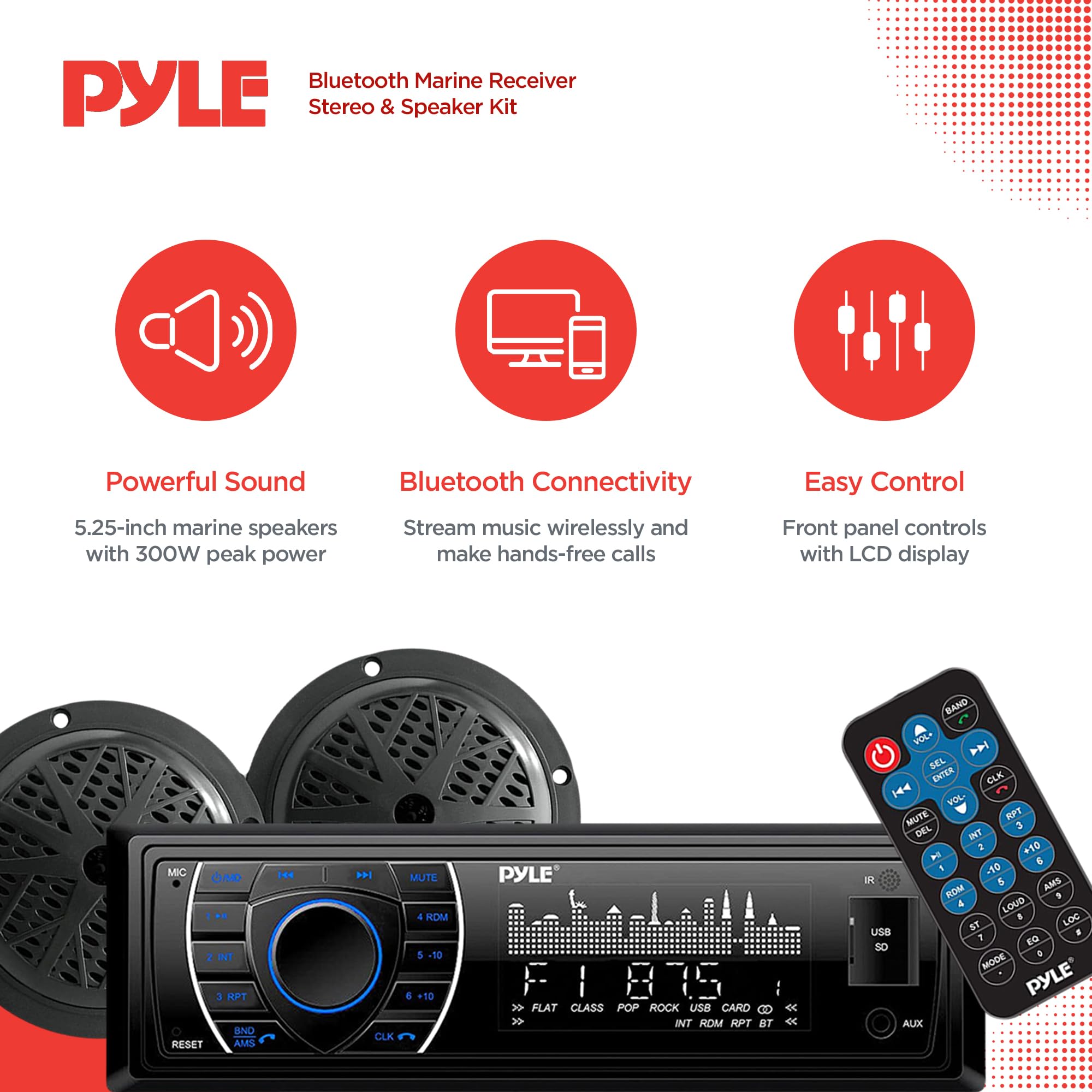 Pyle Marine Headunit Receiver Speaker Kit - In-Dash LCD Digital Stereo Built-in Bluetooth & Microphone w/ AM FM Radio System 5.25’’ Waterproof Speakers (2) MP3/SD Readers & Remote Control-PLMRKT46BK