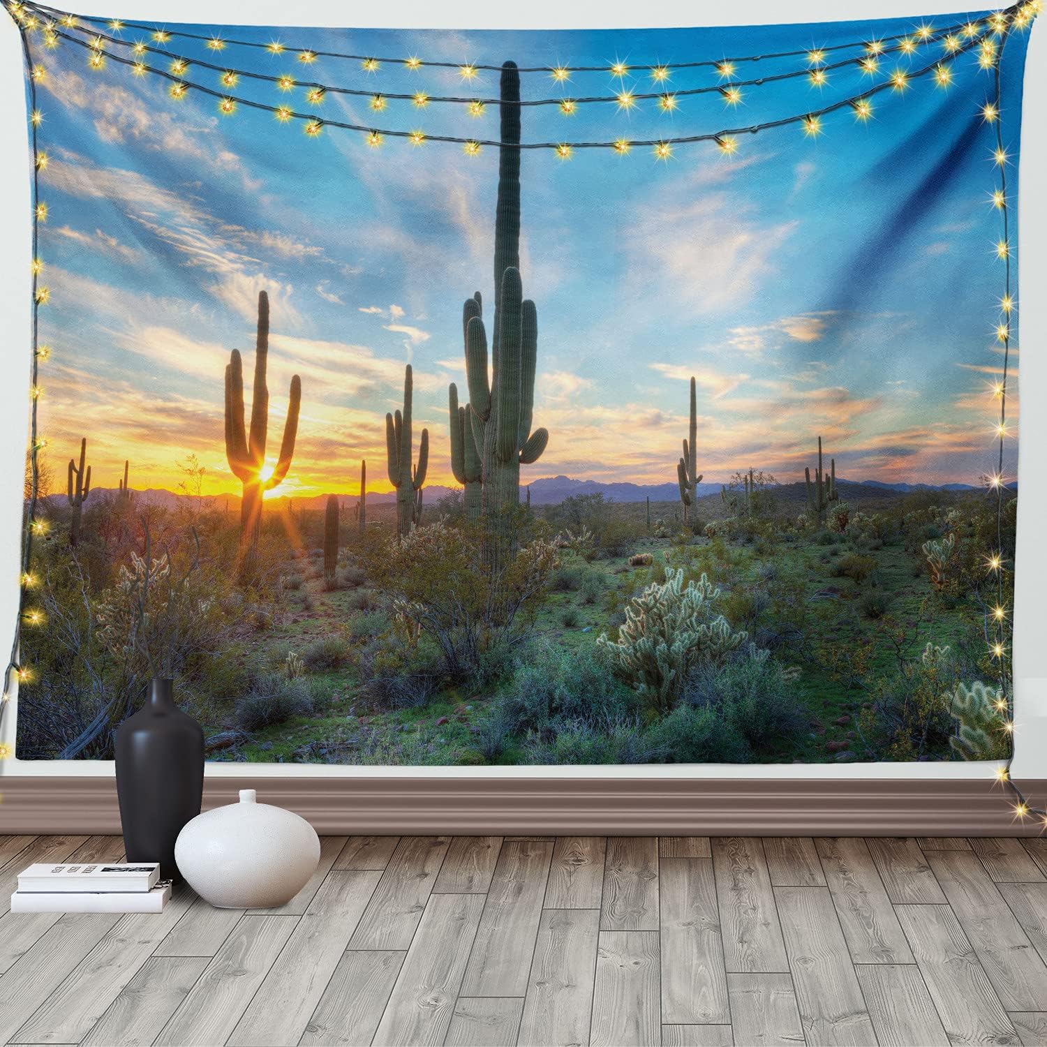 Ambesonne Saguaro Tapestry, Sun is Setting Between Cactus Plants with Spines Noon Landscape Wild Design, Wide Wall Hanging for Bedroom Living Room Dorm, 60