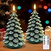 YAUNGEL Christmas Tree Flameless Candles,10-Key Remote and Timer, Real Wax Battery Operated 3D Wick LED Flickering Candles Realistic Christmas Tree for Christmas Holiday Indoor Dinner Decor, 2 Packs