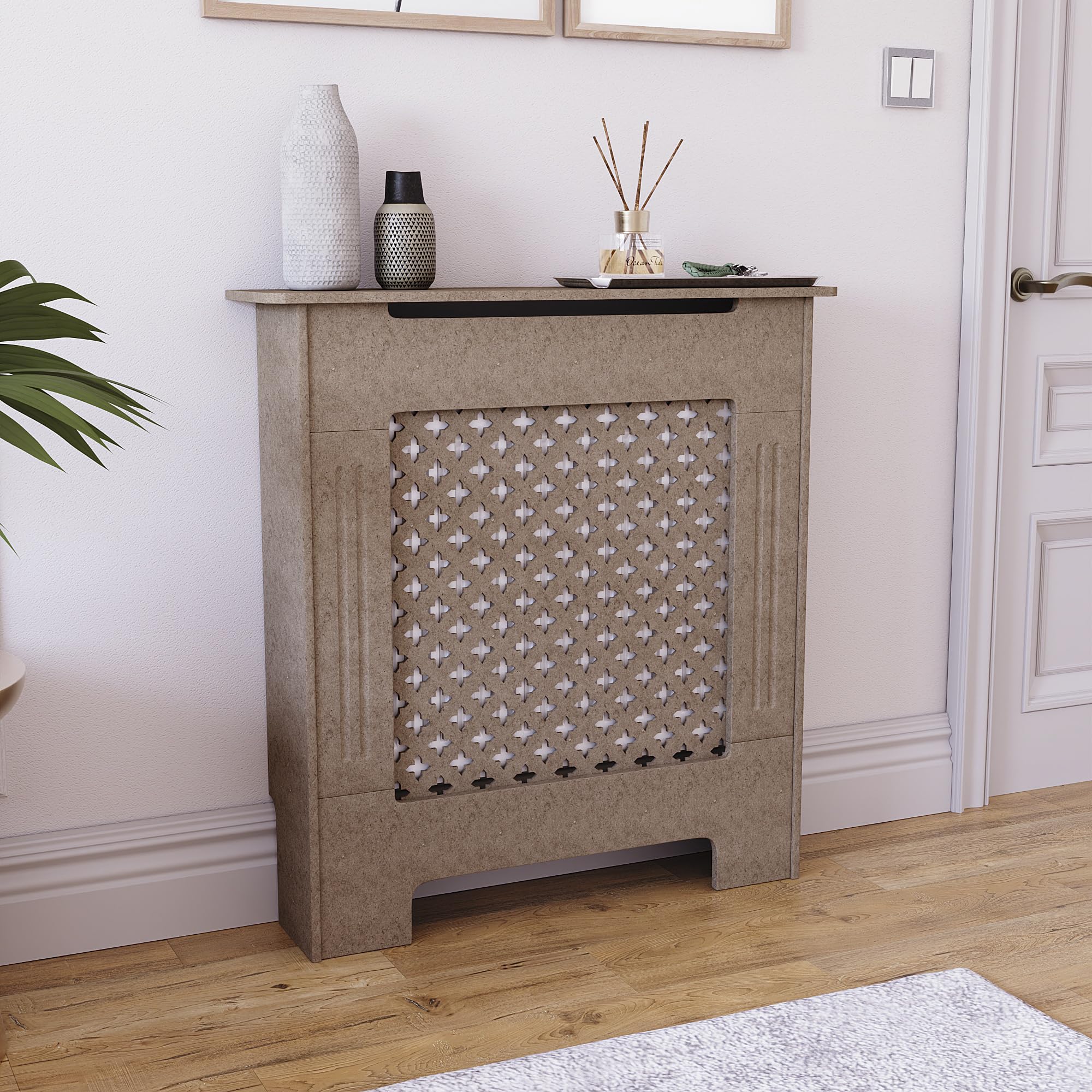 Vida Designs Oxford Radiator Cover Unfinished - Small - Traditional Cross Pattern Design For Optimal Heat Circulation - H82xW78xD19cm - Unpainted MDF Cabinet Ideal For Living Room & Hallway